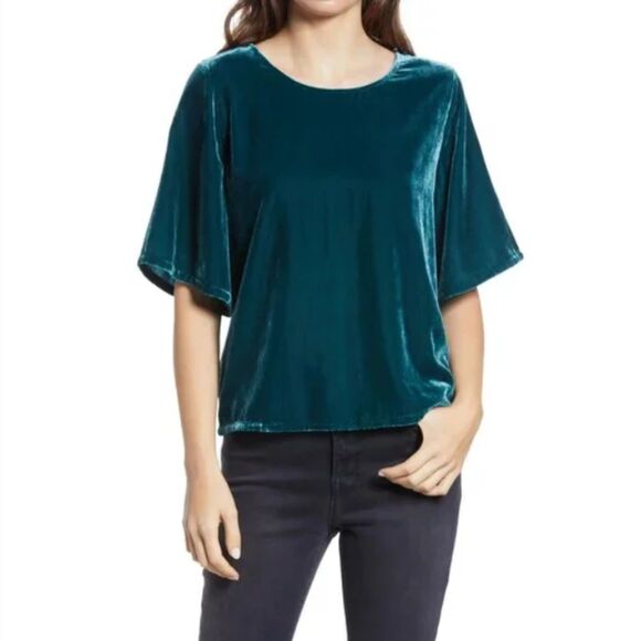 Chelsea28 Velvet Round Neck Flutter Sleeve Blouse Top XS Emerald Green NWT - Picture 1 of 9